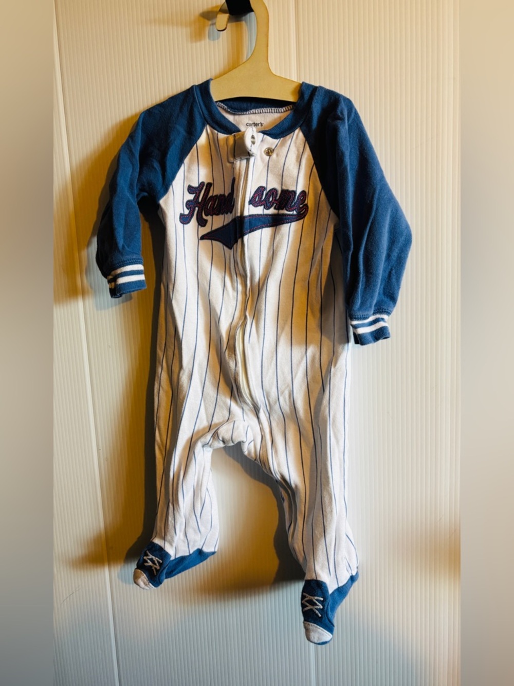 Carter's White and Navy Pinstripe Footed One-Piece